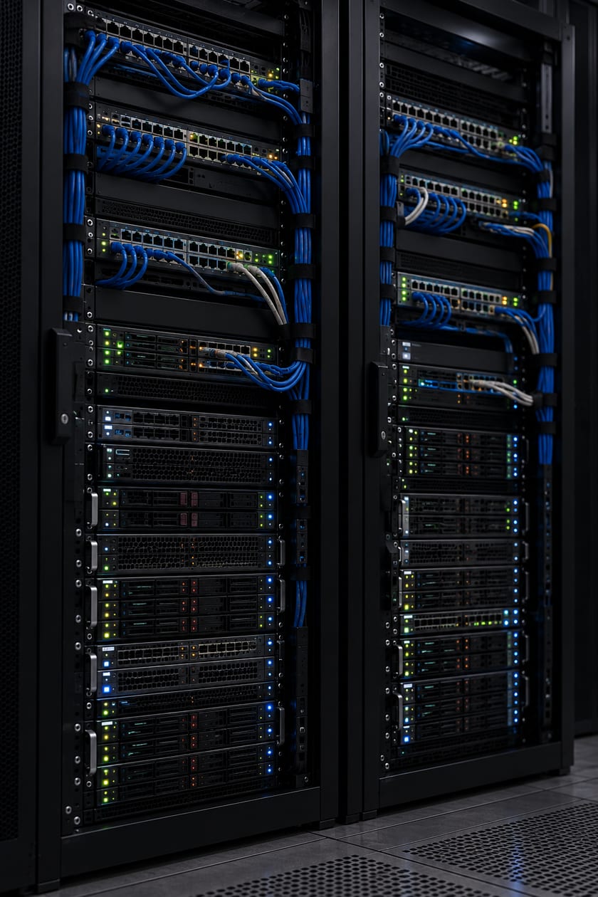 Two server racks with network switches and servers, wired with blue cables